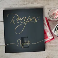 Elegant Monogram Dark Blue Script Recipe Name 3 Ring Binder