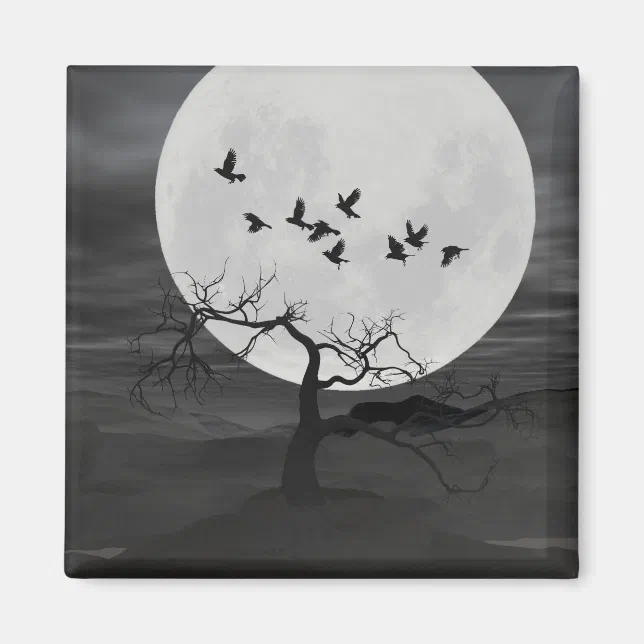 Spooky Ravens Flying Against the Full Moon Magnet