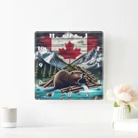 Beaver Building Lodge Near Canadian Flag at Dusk Square Wall Clock