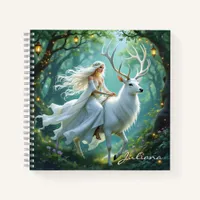 Pretty Fairy and White Deer in Enchanted Forest Notebook