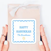 Fun Modern Wavy Border Blue Hanukkah Present Square Sticker