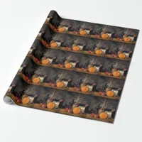 Autumn Decorations on Table, Pumpkin, Fruit, Drink Wrapping Paper