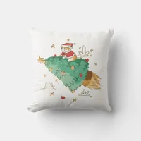 Festive Flying Christmas Tree Santa Cat  Throw Pillow