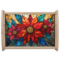 Three Poinsettia Blossoms Stained Glass Style Serving Tray