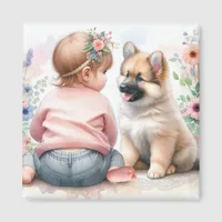 Baby Girl and Puppy Pink Baby Shower Magnet