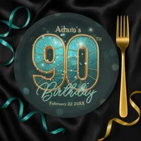 Vibrant Chic Teal Gold Metallic 90th Birthday Paper Plates