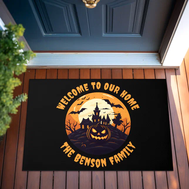 Welcome Home Family Name Halloween Theme Black Doormat