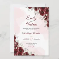 Deep Rose Corner Elegant Floral Watercolor Wedding Invitation