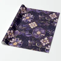 Dark Purple Floral and Faux Gold Wrapping Paper