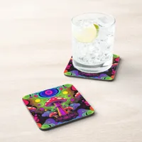 Psychedelic Vibrant Colorful Retro Mushrooms Beverage Coaster