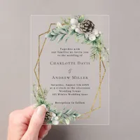 Cone pine greenery gold geometric clear wedding acrylic invitations