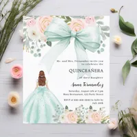 Sage green bow pink dress Quinceanera invitation