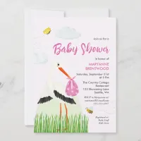 Rustic Stork with Bee & Butterfly Girl Baby Shower Invitation