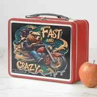 Bear Rides a Motorcycle With Wild Spirit Metal Lunch Box