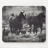 Making Hay With Horses Black and White Mouse Pad