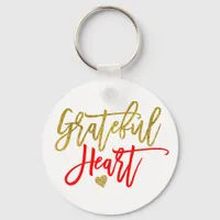 Grateful Heart Script Typography Red Gold Quote Keychain