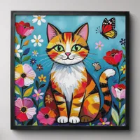 Impasto Cat, Flowers & Butterfly Peel And Stick Photo Tile