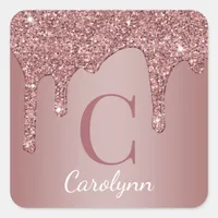 Girly Blush Pink Sparkle Glitter Drips Square Sticker