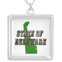 State of Delaware Picture Text and Map Silver Plated Necklace