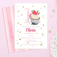 Watercolor Strawberry Cupcake 1st Birthday Invitat Invitation