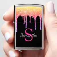 Rainbow Glitter Sparkle Drips Black Monogram Name Zippo Lighter