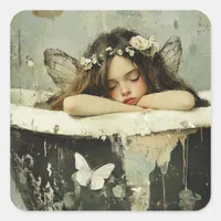 Gorgeous Fairy asleep in a vintage bathtub Square Sticker