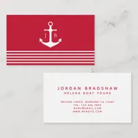 Nautical Anchor Monogram | Red White Stripe Business Card