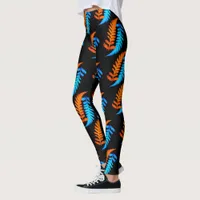 Electric Blue Fiery Orange Japanese Painted Ferns Leggings