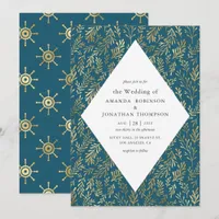 Teal and Gold Vintage Nautical Wedding Invitation
