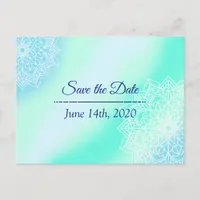 Blue and Teal Mandala Wedding Save the Date Postcard