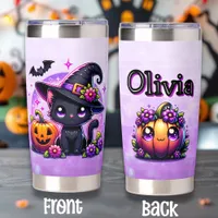 Chibi Halloween Black Cat and Pumpkin Personalized Insulated Tumbler