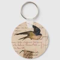 Vintage Bird and Ledger Paper Digital Art Keychain