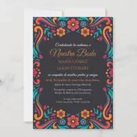 Black Floral Traditional Folk Art Spanish Wedding Invitation