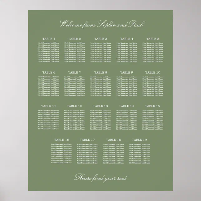 Sage Green 19 Table Wedding Seating Chart Poster