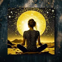 Woman Meditating by Full Moon on Starry Night Metal Print