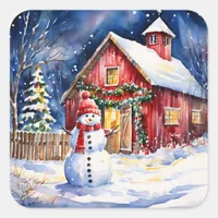 Snowman on a Vintage Farm Christmas Square Sticker