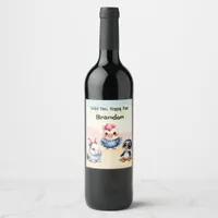 Wild One Happy Fun Woodland Animals Watercolor Wine Label