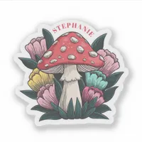 Mushroom and Flowers Custom Name Vinyl  Sticker