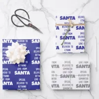 Special Delivery Name From Santa Blue Silver White Wrapping Paper Sheets