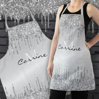 Monogram Silver Dripping Glitter Metallic Platinum Apron