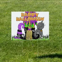 Happy Halloween Witch, broom and Cat Sign