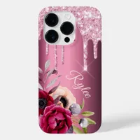 Pink glitter drip flowers burgundy name Case-Mate iPhone 14 pro case