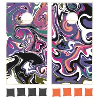 Blue, Black, Coral, White Swirls Marble Like Art  Cornhole Set