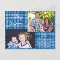 Merry Christmas  Family Photo Blue  Plaid Postcard