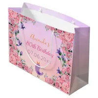 80th birthday party pink violet bird florals large gift bag