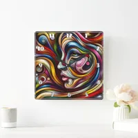 Colorful Abstract Portrait With Dynamic Swirls Square Wall Clock