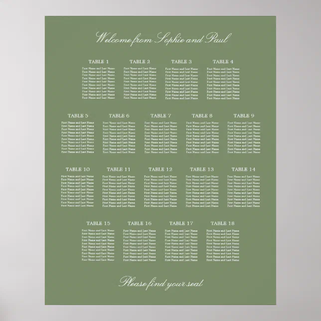 Sage Green 18 Table Wedding Seating Chart Poster