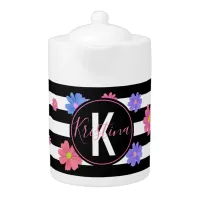 Trendy Floral Black & White Stripes Personalized Teapot