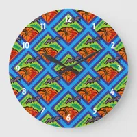 Pumpkins and Bats in Patterns of Green/Blue Large Clock