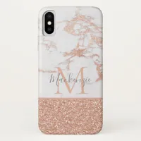 Girly Rose Gold Copper Glitter Marble Monogram iPhone XS Case